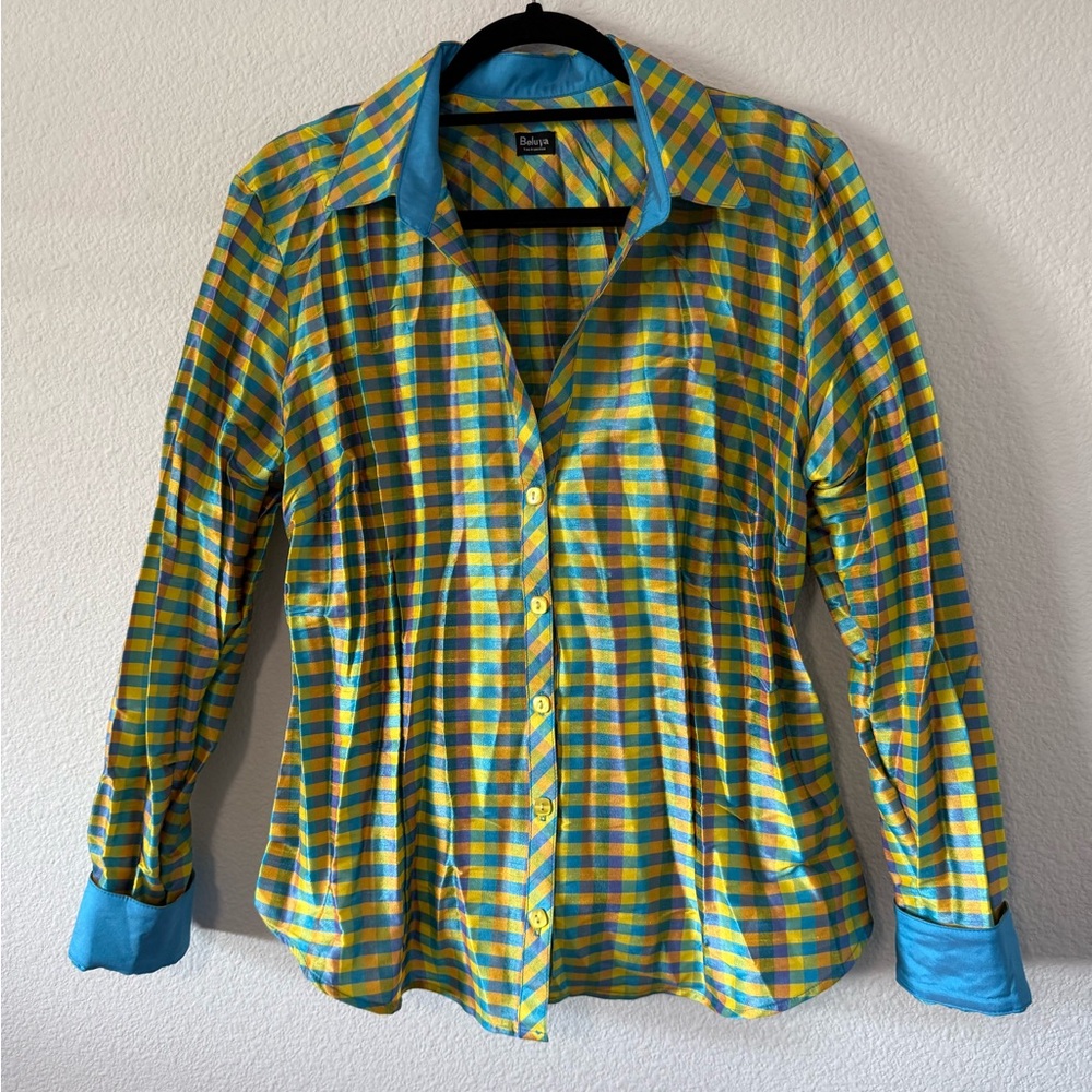 Beluva San Francisco Yellow & Teal Plaid Button-Down Blouse